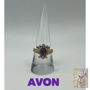 Vintage 1974 Avon Queensbury Purple Rhinestone and Faux Pearl Ring, 8 1/2